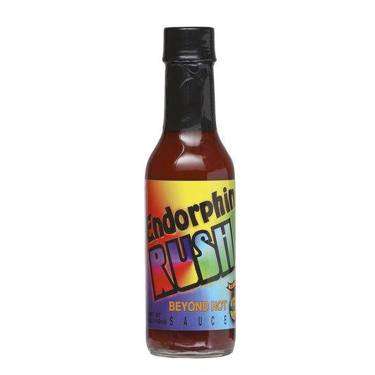 Bottle of Endorphin Rush Beyond Hot Sauce with black cap and colorful label, 5 fl oz pepper extract hot sauce, UPC 793680100572