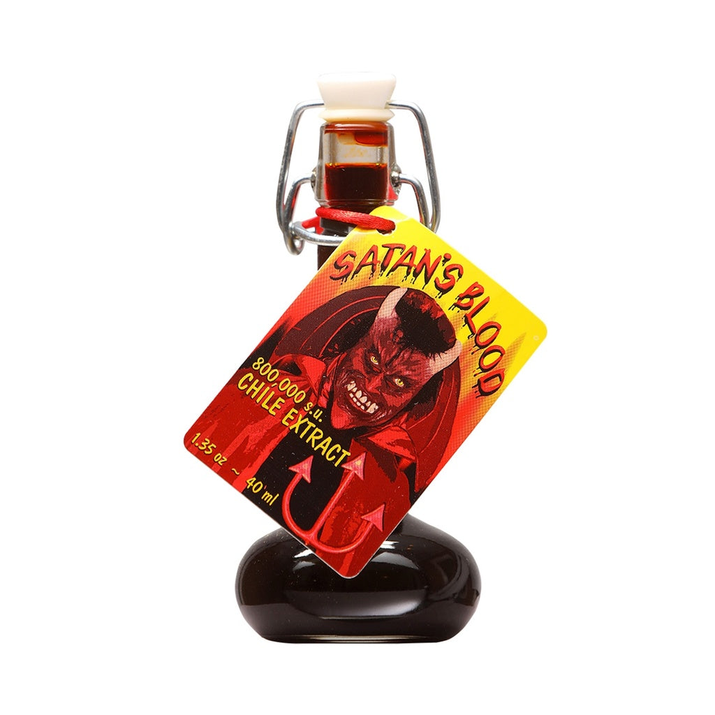 Bottle of Satan's Blood chili extract with a red label featuring a devil's face on a white background.