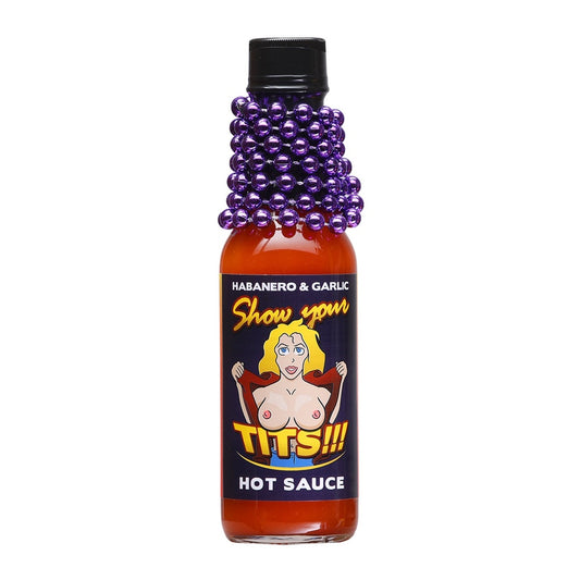 Show Your Tits!!! Hot Sauce With Mardi Gras Beads 5 fl oz (148 ml) hot sauce bottle image – 5 fl oz (148 ml) hot sauce – UPC 788823471237