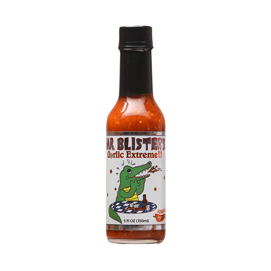 Mr. Blister's Garlic Extreme Hot Sauce bottle 5 fl oz (150 ml) garlic hot sauce UPC 642228929970