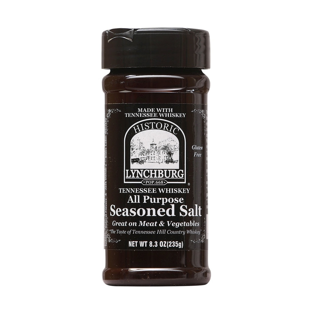 Plastic seasoning jar of Historic Lynchburg Tennessee Whiskey All Purpose Seasoned Salt with black label and black cap, filled with light brown seasoned salt; labeled 8.3 oz.