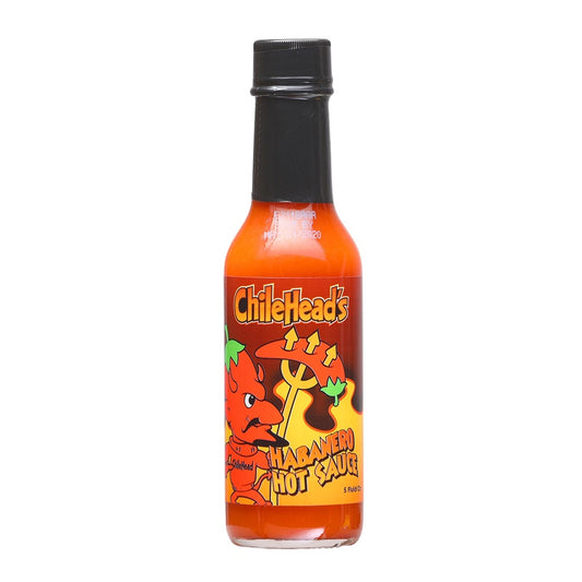 A glass bottle of Chilehead’s Habanero Hot Sauce with an orange label featuring a cartoon chili character and text reading “Habanero Hot Sauce,” 5 fl oz (148 mL). UPC 609456312561
