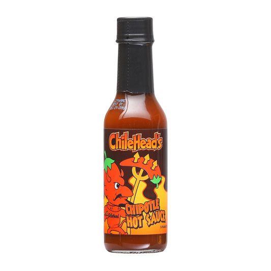 A glass bottle of Chilehead’s Chipotle Hot Sauce with a black cap and a colorful label featuring a cartoon red pepper character and flames, labeled “Chipotle Hot Sauce,” volume 5 fl oz (148 mL). UPC 609456312844.