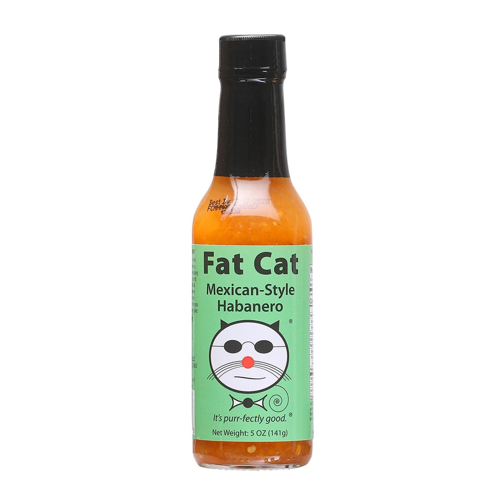 A bottle of Fat Cat Mexican Style Habanero Hot Sauce with green label
