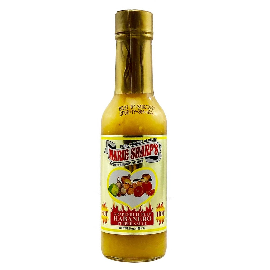 Marie Sharp's Grapefruit Pulp Habanero Hot Sauce 5 fl oz bottle, Belize hot sauce with yellow habanero peppers and grapefruit pulp