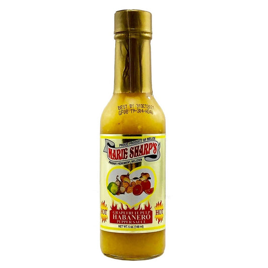 Marie Sharp's Grapefruit Pulp Habanero Hot Sauce 5 fl oz bottle, Belize hot sauce with yellow habanero peppers and grapefruit pulp