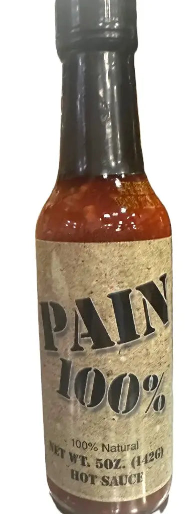 Bottle of PAIN 100% Hot Sauce with brown label and black cap, 5 fl oz habanero-based hot sauce, UPC 032458973018