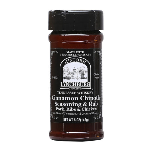 Plastic seasoning jar of Historic Lynchburg Tennessee Whiskey Cinnamon Chipotle Seasoning & Rub with black label and black cap, filled with dark reddish-brown spice blend; labeled 5 oz.