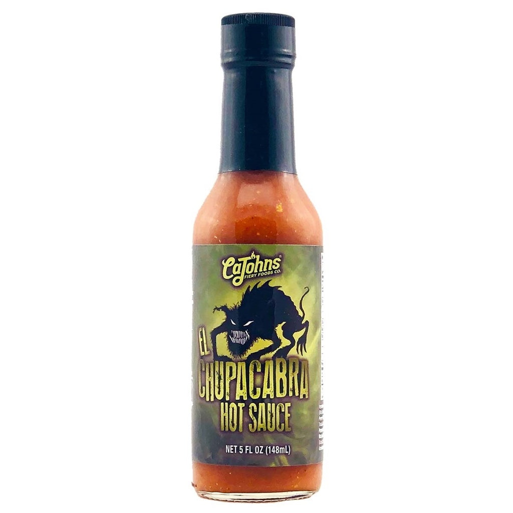 CaJohn’s El Chupacabra Hot Sauce – 5 fl oz (148 mL) hot sauce bottle, ghost pepper pepper based sauce, retail product image 647293004508