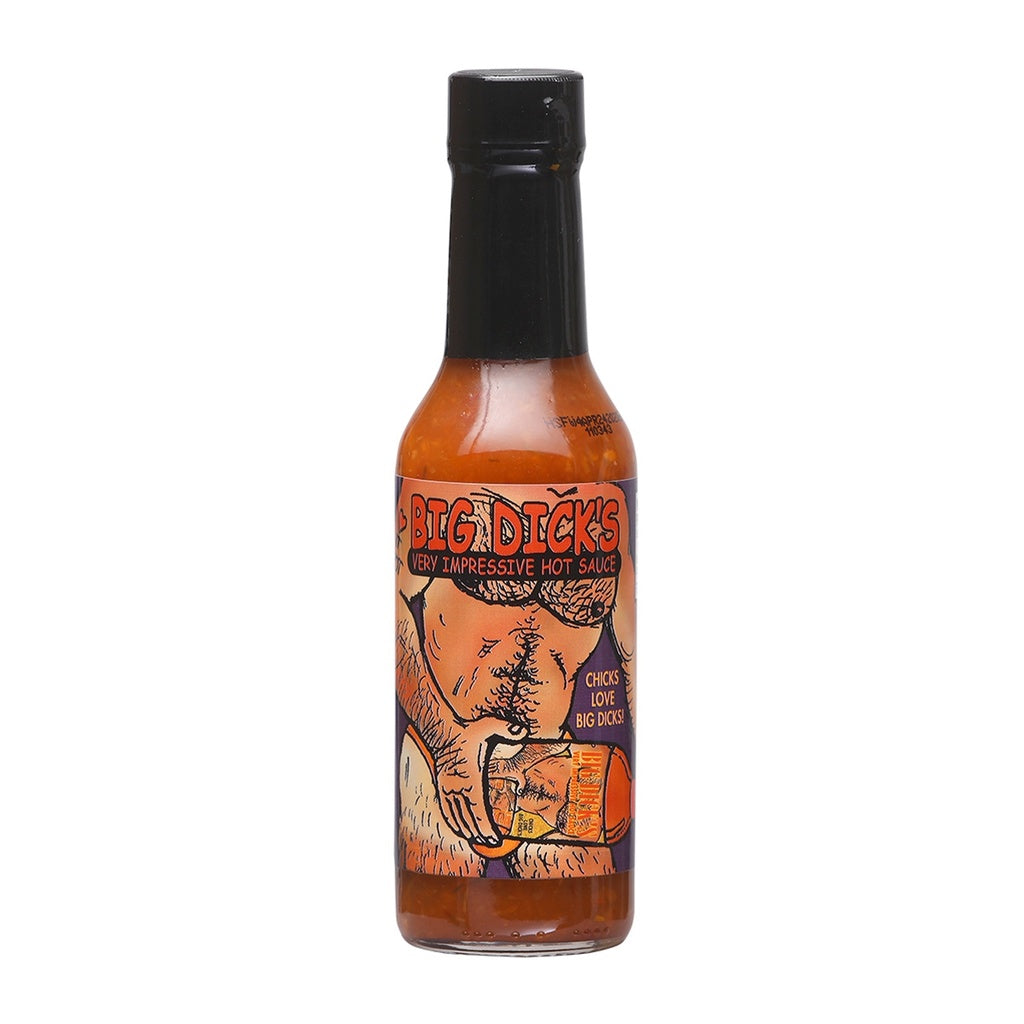 A glass bottle of Big Dick’s Very Impressive Hot Sauce with an illustrated label featuring bold artwork and text reading “Very Impressive Hot Sauce,” containing a mango-colored sauce, 5 fl oz (148 mL). UPC 735051030613.