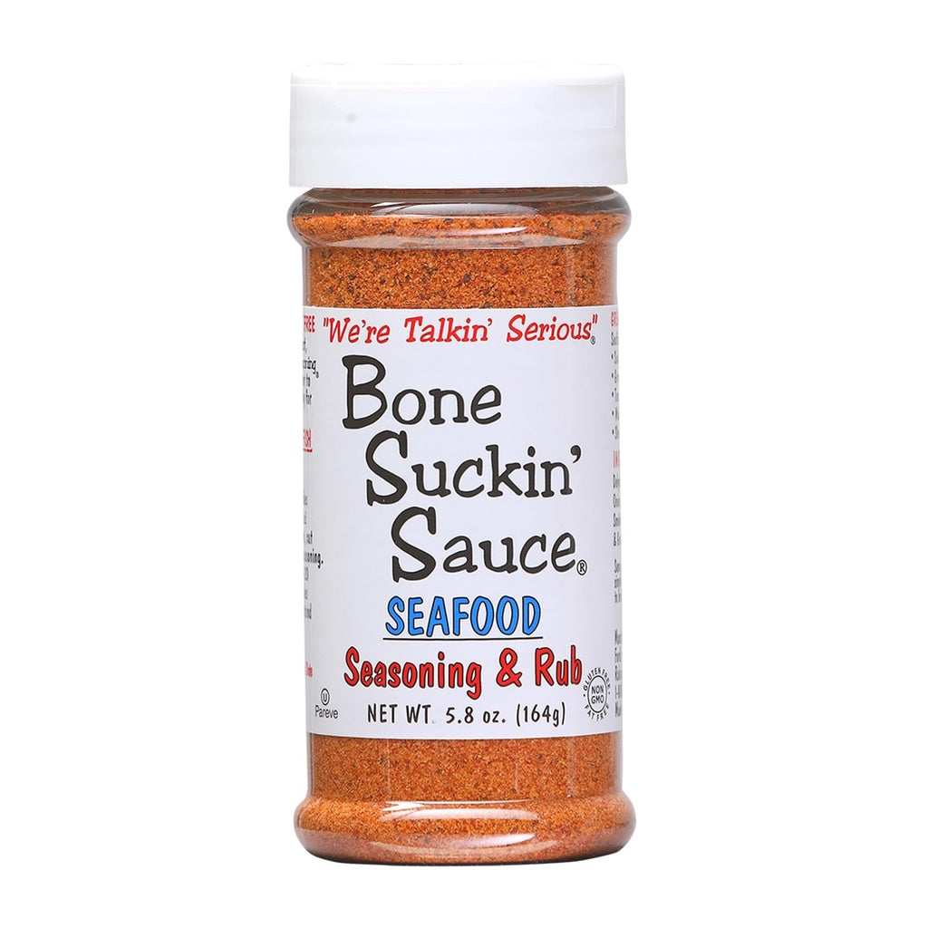 Bone Suckin’ Seafood Seasoning &amp; Rub – 5.8 oz seasoning bottle, garlic and spice based seafood seasoning, retail product image 754496545001
