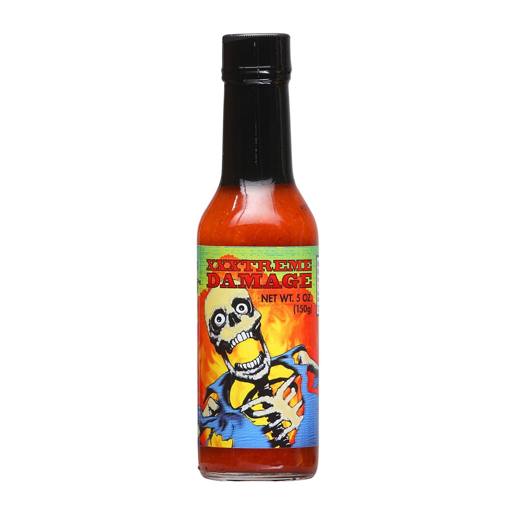 XXXTreme Damage Hot Sauce – 5 oz hot sauce bottle, scotch bonnet and habanero pepper based sauce, retail product image 735051030460