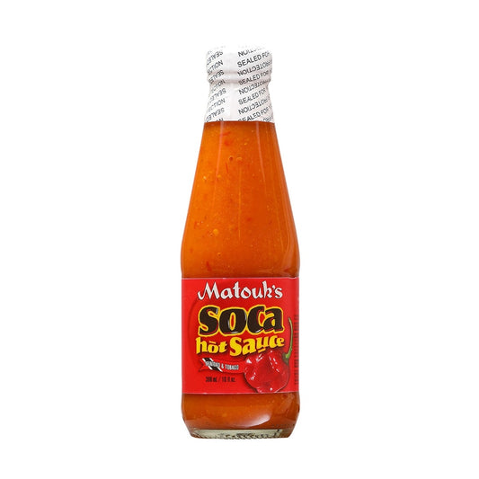 Matouk's Soca Hot Sauce 10 fl oz bottle from Trinidad and Tobago made with aged Scotch Bonnet peppers, UPC 036494121617