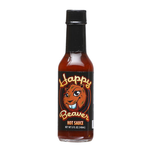 ALT: CaJohn's Happy Beaver Hot Sauce ghost pepper hot sauce bottle 5 fl oz smoky sweet Bhut Jolokia sauce