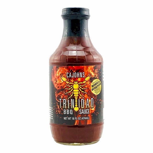 CaJohns Trinidad Scorpion BBQ Sauce barbecue sauce with Trinidad Scorpion chiles in a 16 fl oz bottle delivering bold smoky heat and sharp front-of-mouth sting.