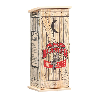 Wooden hot sauce container with 'Ass Blaster Hot Sauce' branding on a white background