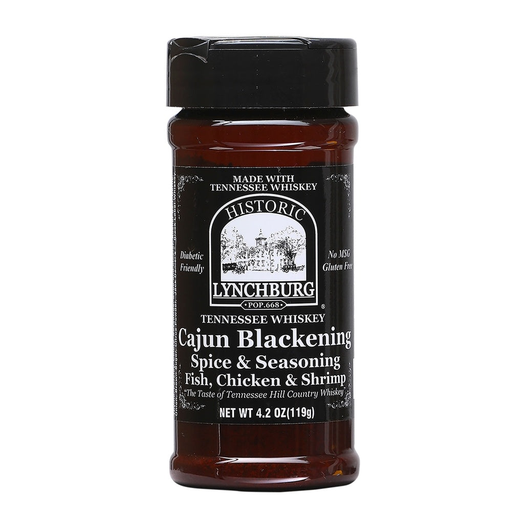 Plastic seasoning jar of Historic Lynchburg Tennessee Whiskey Cajun Blackening Spice &amp; Seasoning with black label and black cap, filled with dark reddish-brown spice blend; labeled 4.2 oz.
