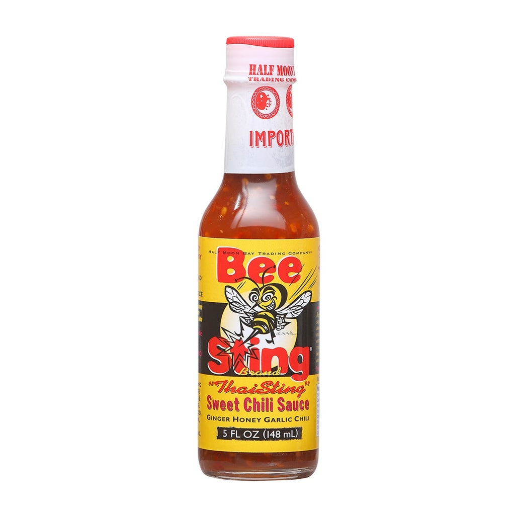 Bee Sting Thai Sting Sweet Chili Sauce sweet chili sauce with red pepper honey ginger and garlic 5 FL OZ (148 mL) delivering balanced tropical sweet heat.