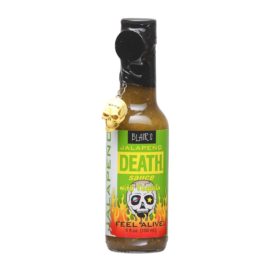 Blair's Jalapeño Death Sauce with Tequila hot sauce with fresh jalapeño chiles and tomatillos 5 fl oz (150 mL) delivering bright green heat with tequila finish.