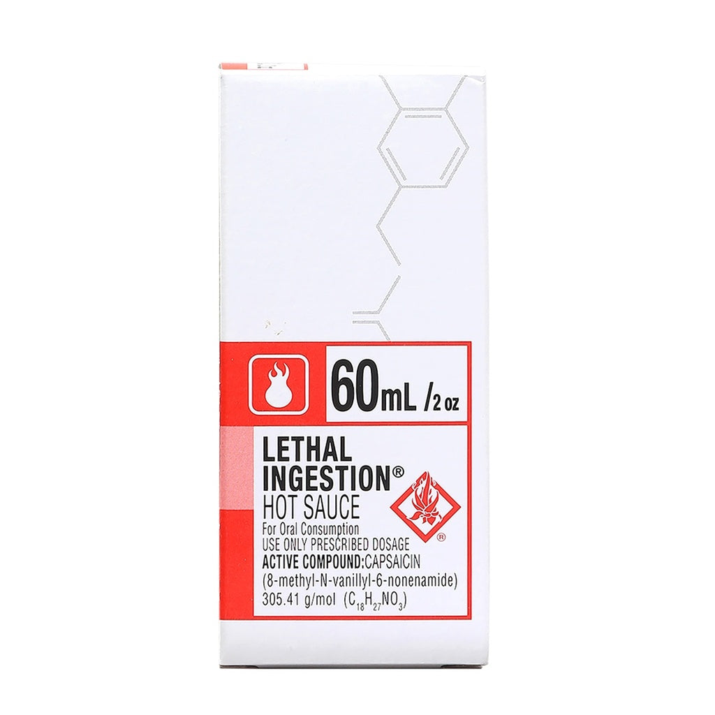 CaJohn's Lethal Ingestion Hot Sauce ultra-hot pepper mash hot sauce with Fatalii, Red Savina Habanero, and Bhut Jolokia chiles 60 mL / 2 oz delivering maximum natural heat.