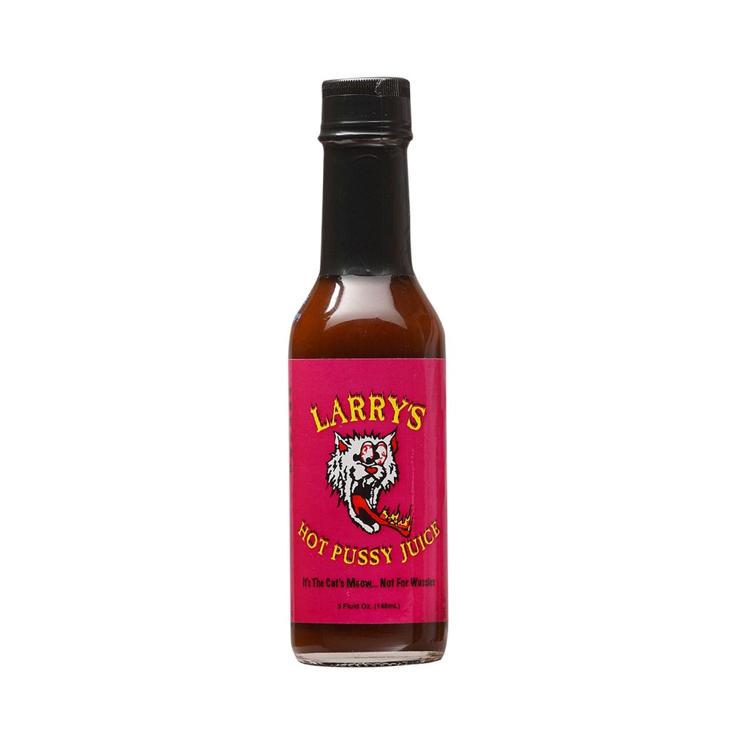 Bottle of Larry’s Hot Pussy Juice Hot Sauce with red label and flaming cat illustration, 5 fl oz glass bottle, UPC 609456312660