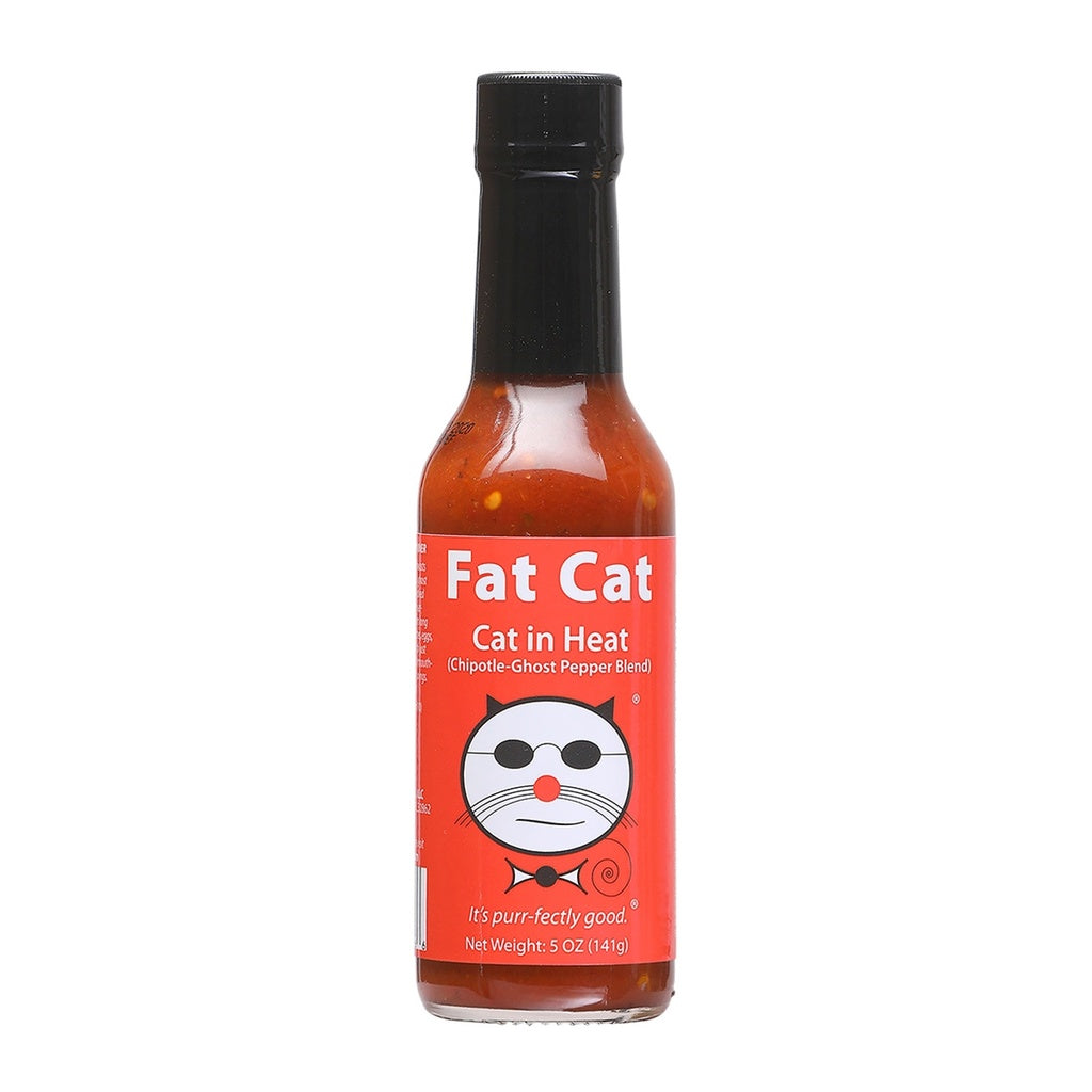 Hot sauce bottle labeled 'Fat Cat' on a white background
