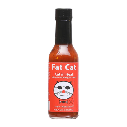 Hot sauce bottle labeled 'Fat Cat' on a white background