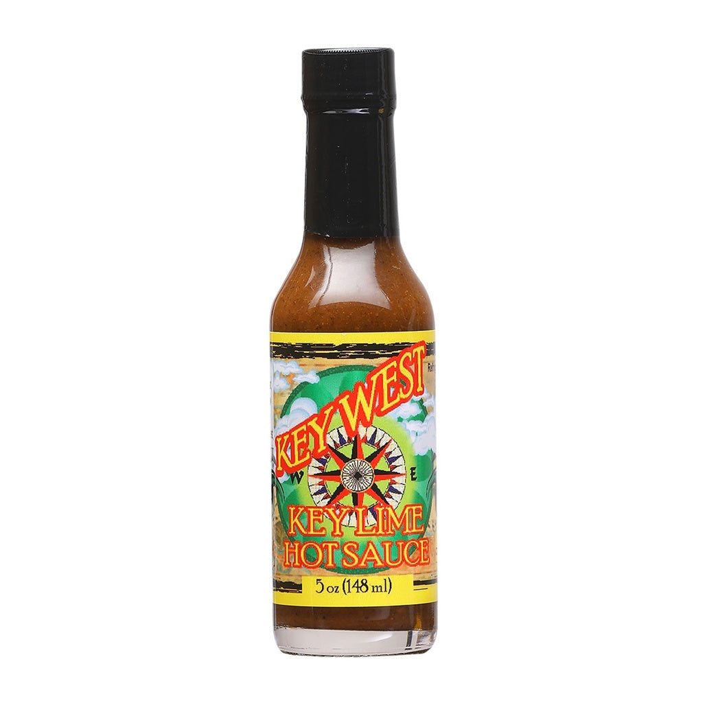 Bottle of Key West Key Lime Hot Sauce with yellow label and black cap showing 5 oz (148 ml) volume, UPC 701705500078