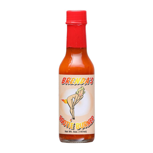 Brenda's Booty Burner Hot Sauce savory habanero hot sauce with onion, garlic, and mild heat in a 5 fl oz bottle for everyday table use.