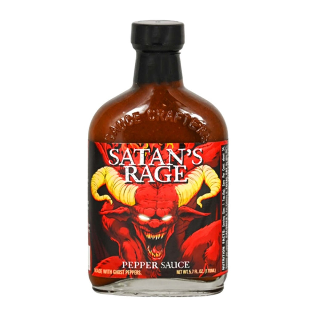Satan's Rage Pepper Sauce ghost pepper hot sauce with peri peri and cayenne delivering extreme heat in a 5.7 fl oz bottle.