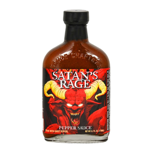 Satan's Rage Pepper Sauce ghost pepper hot sauce with peri peri and cayenne delivering extreme heat in a 5.7 fl oz bottle.