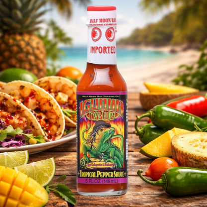 Iguana Tropic Thunder Red Jalapeño & Habanero Tropical Pepper Sauce bottle on a rustic wooden table with shrimp tacos, fresh mango, lime wedges, jalapeños, and a beach backdrop, highlighting this mango and passion fruit Caribbean-style hot sauce, 5 fl oz.