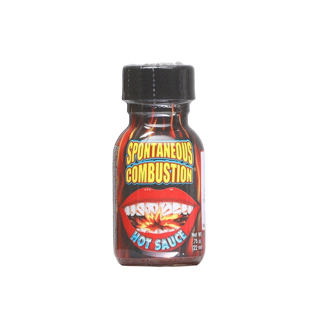 Bottle of Spontaneous Combustion hot sauce on a white background