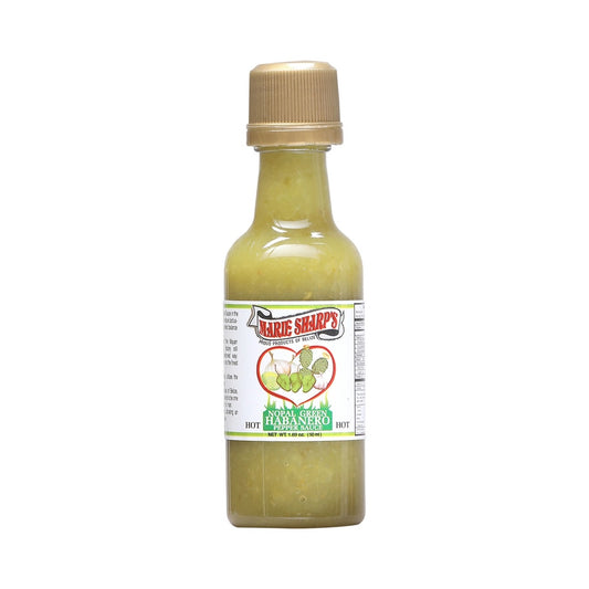 Glass bottle of Marie Sharp’s Green Habanero Hot Sauce with Prickly Pears Mini, 1.69 oz (50 mL), showing green cactus-based habanero hot sauce from Belize