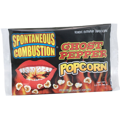 Spontaneous Combustion Ghost Pepper Microwave Popcorn 3.5 oz extreme ghost pepper snack delivering slow-building fiery heat.