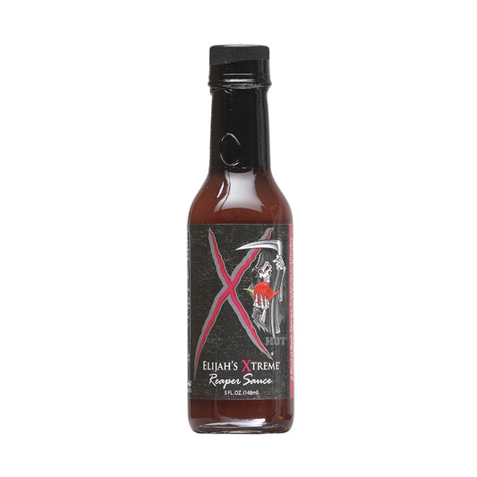 A 5-ounce bottle of Elijah’s Xtreme Reaper Sauce with a dark label featuring a large red “X” and a grim reaper holding a scythe. The sauce inside is deep red-brown, and the bottle has a black cap.