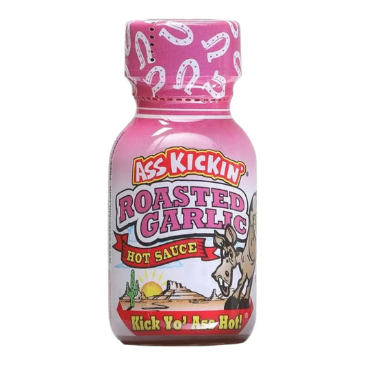 Ass Kickin' Roasted Garlic Hot Sauce mini bottle with habanero peppers and roasted garlic flavor 0.75 fl oz travel size UPC 089382116882