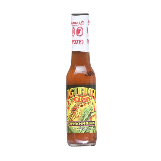 Smoky Iguana Chipotle Pepper Sauce 2 fl oz bottle with red jalapeño chipotle peppers smoky flavor UPC 751059900499