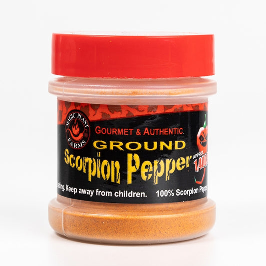 Magic Plant Trinidad Scorpion Pepper Powder 0.5 oz plastic jar with sifter lid superhot chili powder UPC 4710704094248