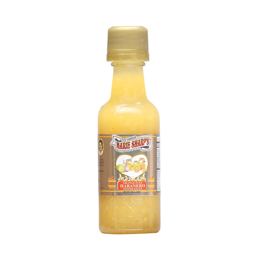 Marie Sharp’s Orange Pulp Habanero Hot Sauce Mini bottle with yellow habanero peppers and real orange pulp, 1.69 fl oz size
