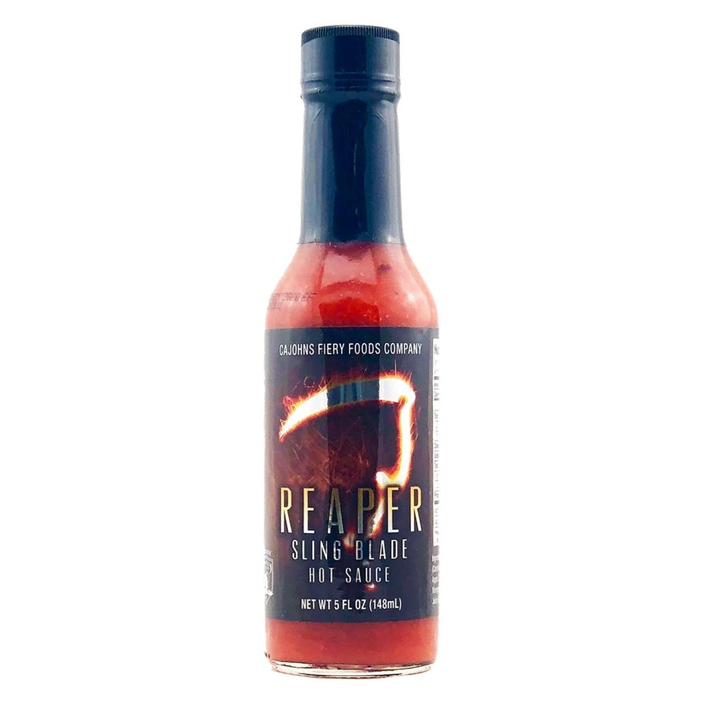 CaJohns Reaper Sling Blade Hot Sauce 5 fl oz bottle with Carolina Reaper peppers extreme heat UPC 647293004966