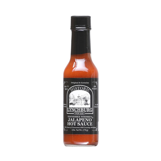 Historic Lynchburg Tennessee Whiskey Jalapeño Hot Sauce 6 fl oz bottle with red jalapeno peppers and whiskey flavor UPC 780778107650
