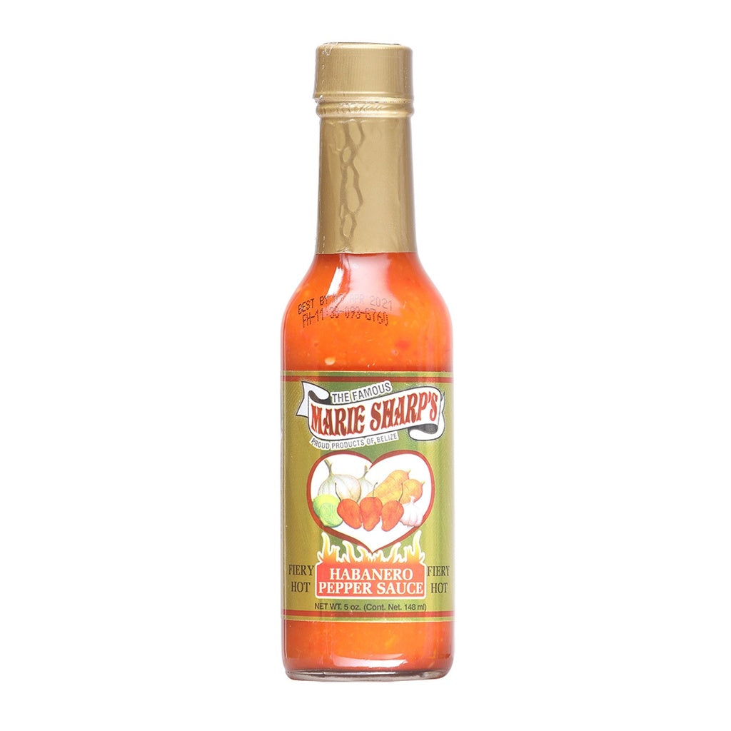 Marie Sharp's Fiery Hot Habanero Pepper Sauce 5 fl oz bottle with red habanero peppers Belize hot sauce UPC 025315248695