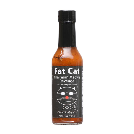 Bottle of Fat Cat Chairman Meow's Revenge Scorpion Pepper Sauce with black label