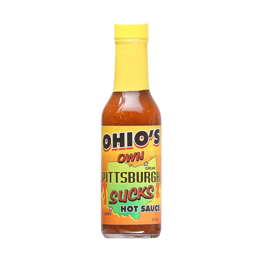 Tahiti Joe's Ohio's Own Pittsburgh Sucks Hot Sauce 5 fl oz bottle with cayenne habanero jalapeno peppers UPC 602234200012