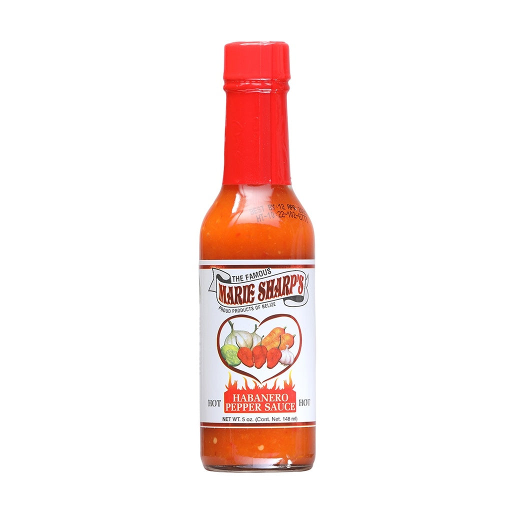Marie Sharp’s Hot Habanero Hot Sauce 5 fl oz bottle, Belizean carrot-based habanero pepper sauce with red cap and white label