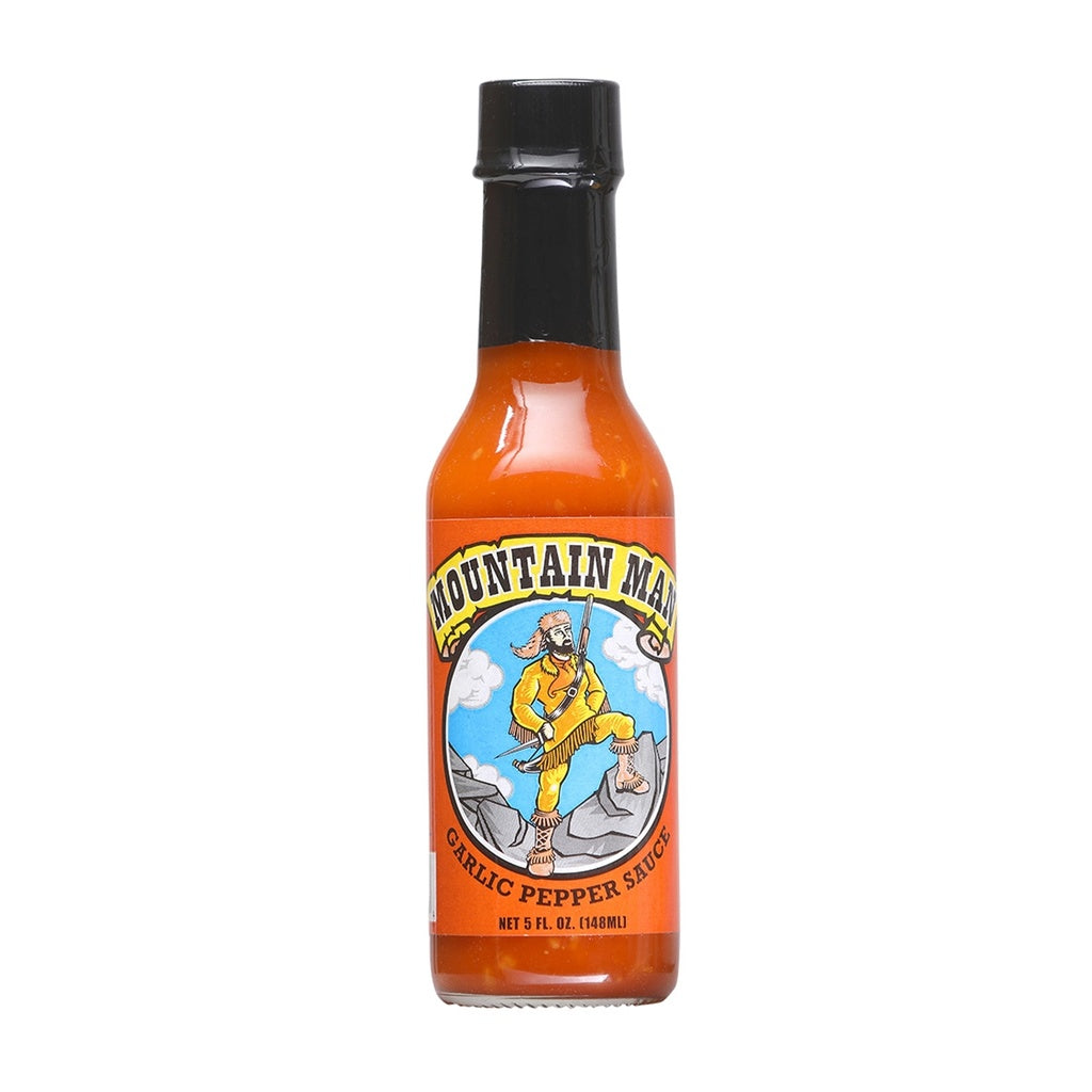 Mountain Man Garlic Pepper Hot Sauce 5 fl oz bottle with aged red peppers and garlic savory hot sauce UPC 749746104084
