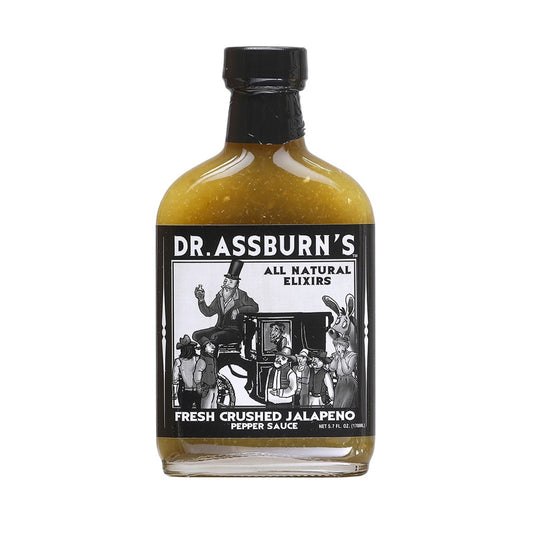 Dr. Assburn’s Fresh Crushed Jalapeño Pepper Hot Sauce 5.7 fl oz bottle with visible jalapeno flecks and tangy green hot sauce UPC 049746116125
