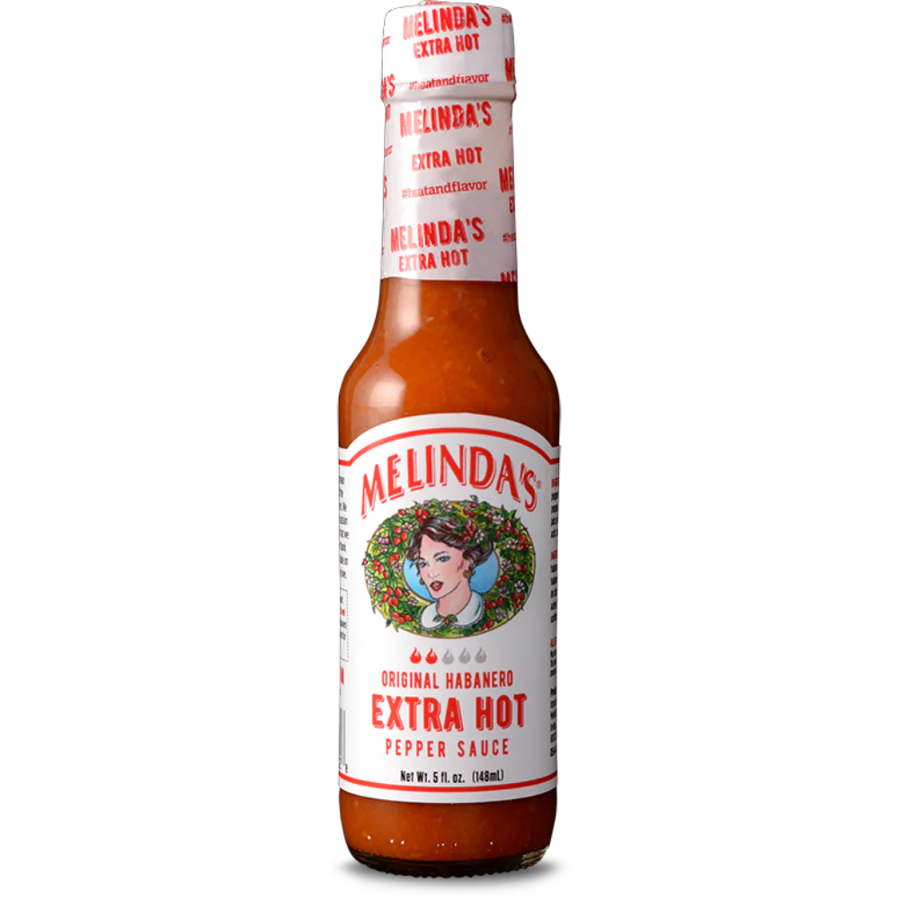 Melinda’s Original Habanero Extra Pepper Sauce 5 fl oz bottle with bright orange sauce and habanero pepper blend UPC 736924182828