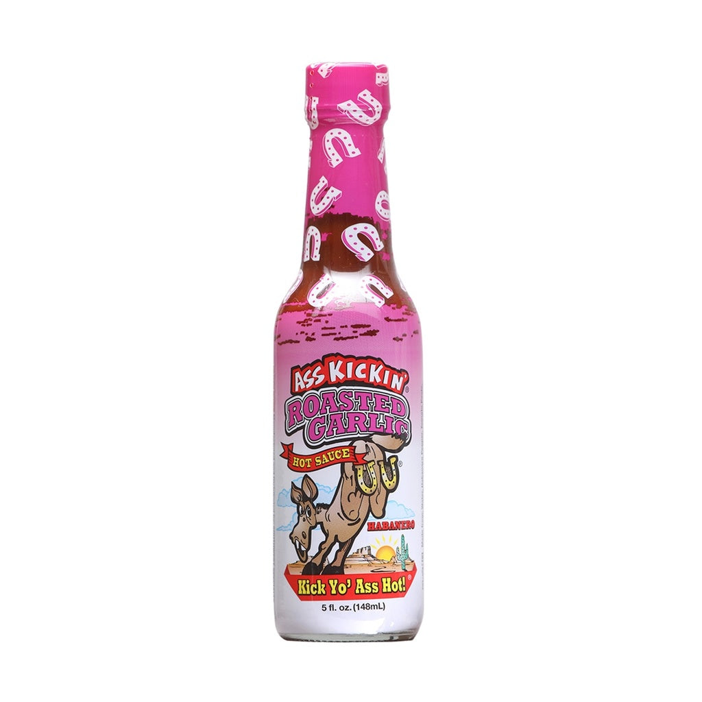 Ass Kickin Roasted Garlic Hot Sauce 5 fl oz bottle with habanero and cayenne garlic hot sauce UPC 089382112945